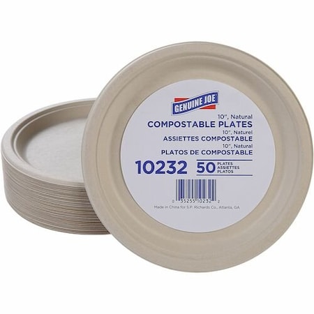 Genuine Joe Genuine Joe Plates, Compostable, 10in, White, 50PK GJO10232